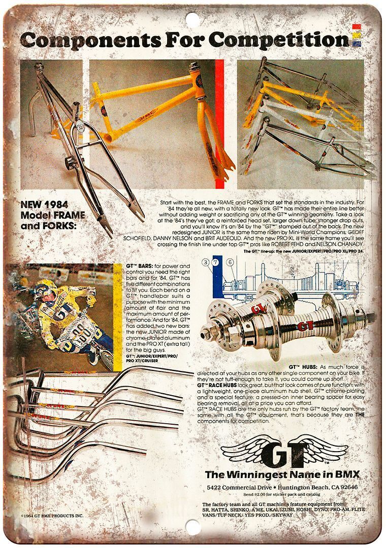 1984 GT BMX Bars Frames Forks Hubs Ad Reproduction Metal Sign B475