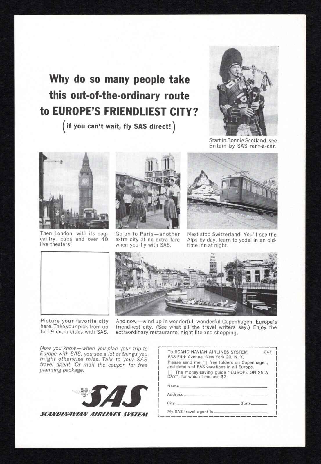 1963 SAS Scandinavian Airlines System Travel Europe Friendliest City Print Ad