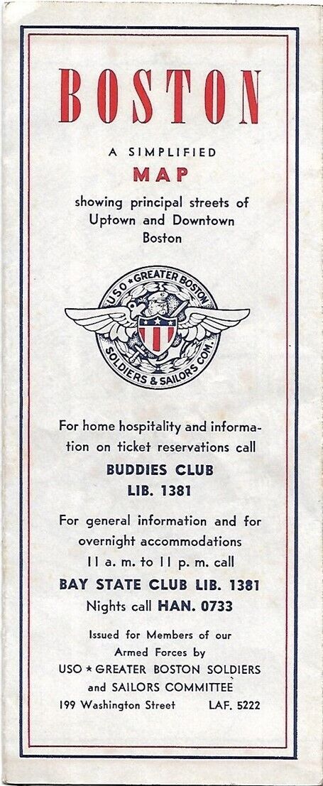 1943 USO GREATER BOSTON SOLDIERS & SAILORS COMMITTEE Map Service Clubs Free Beds