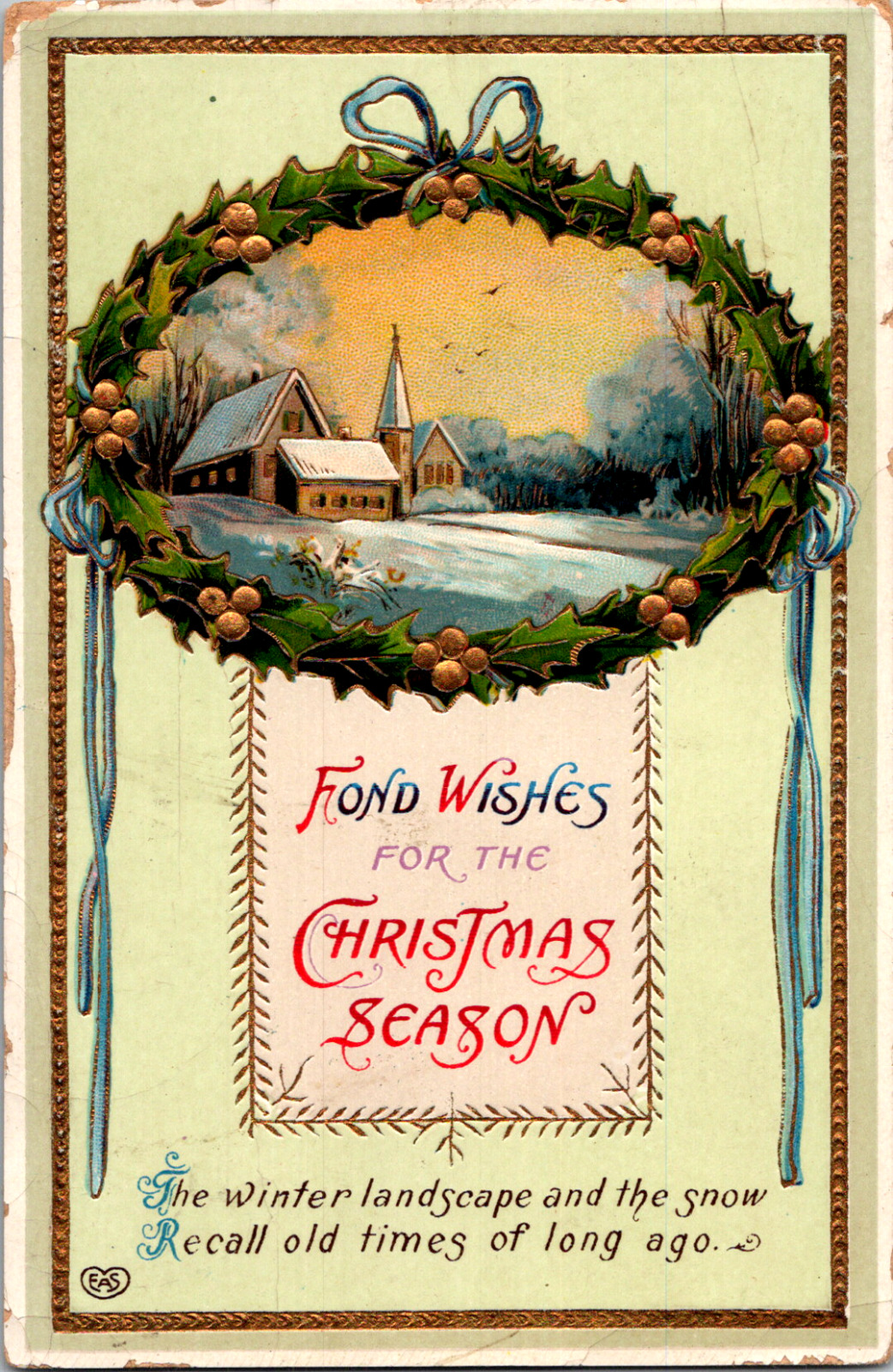 Vintage 1915 Fond Wishes For Christmas Season Glossy Postcard Charles City IA