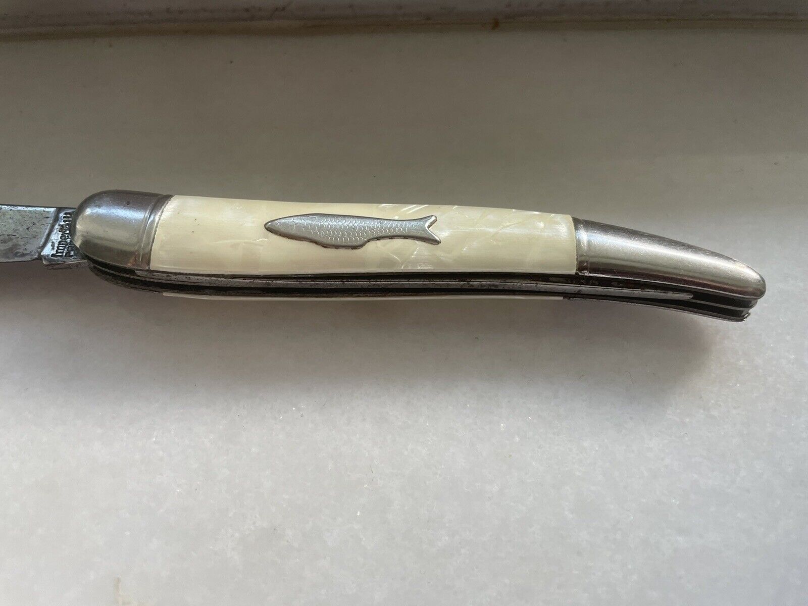 Imperial Prov R. I Fish Pocket Knife 2 Blades  White Pearlized   USA Vintage