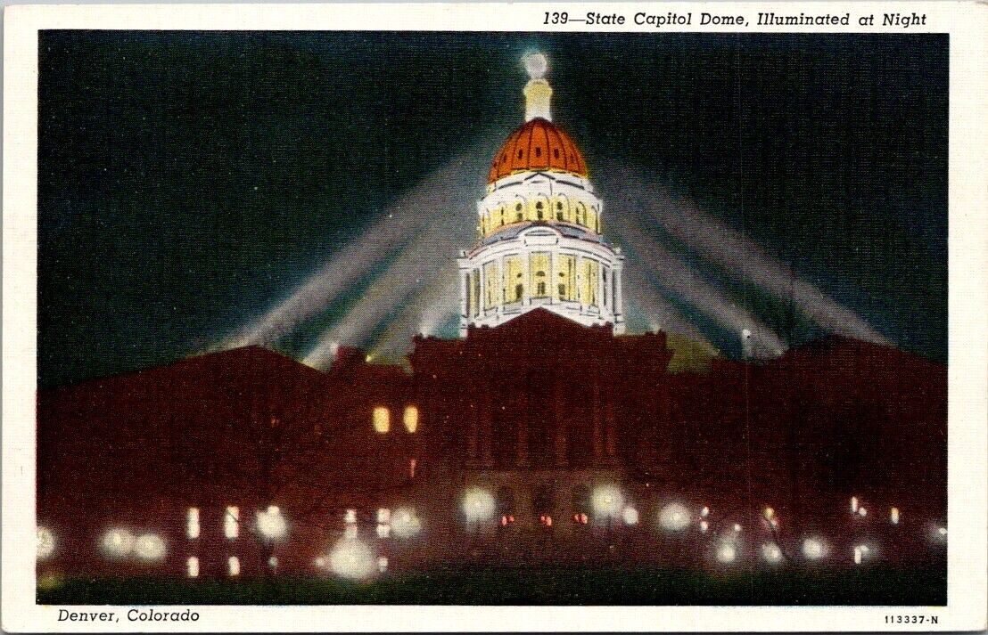 Vintage Postcard State Capitol Dome Illuminated at Night Denver Colorado CO