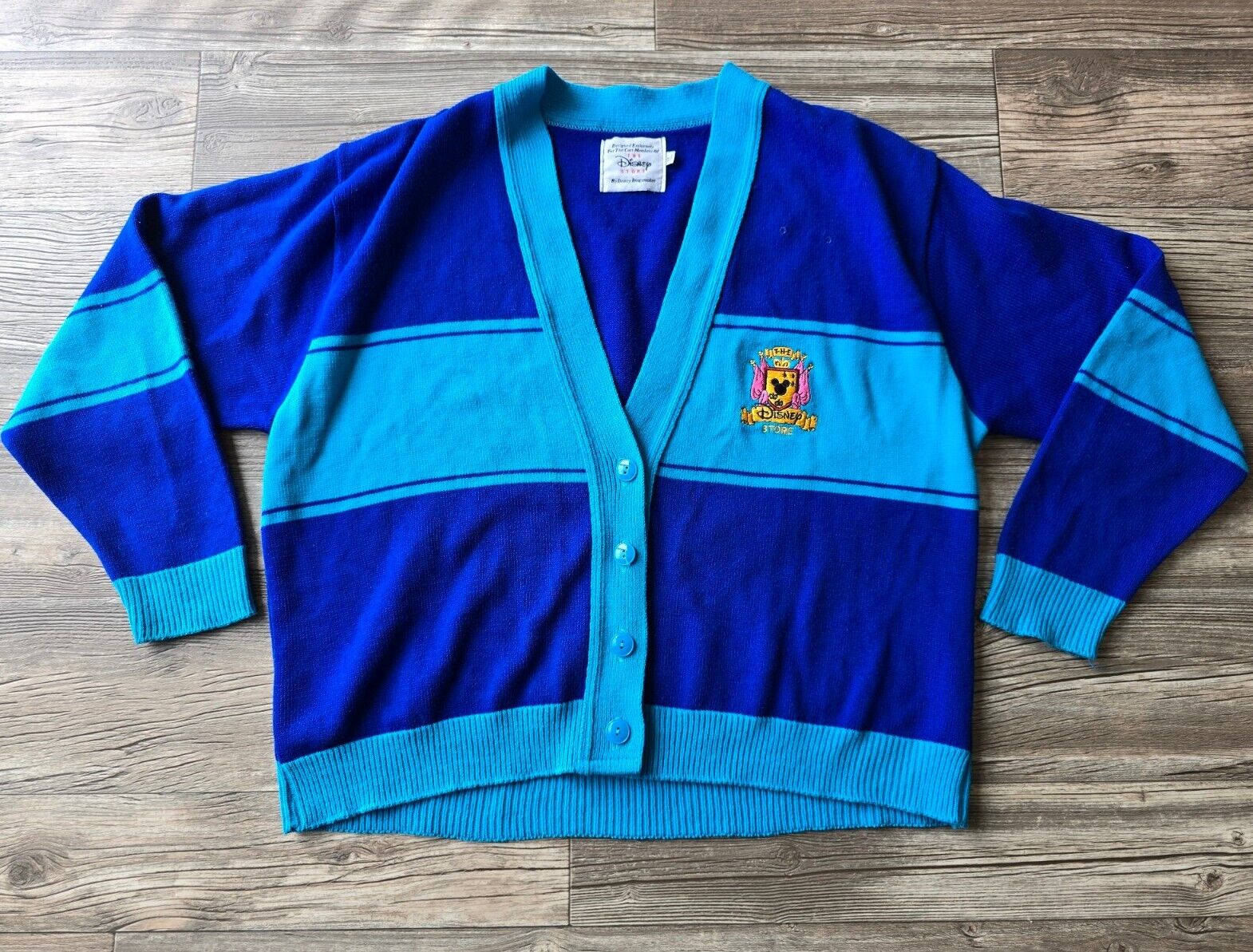 Vintage Disney Store Cast Member Blue Cardigan Sweater XL Embroidered Crest