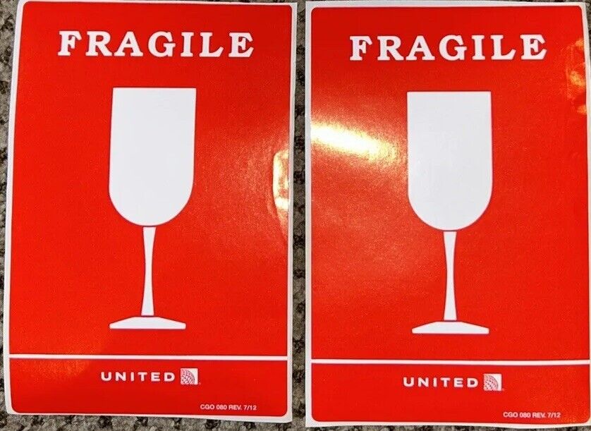2x United Airlines ~FRAGILE~ Sticker Red 4.25” x 6.5” CGO Rev 7/12 Luggage Lot