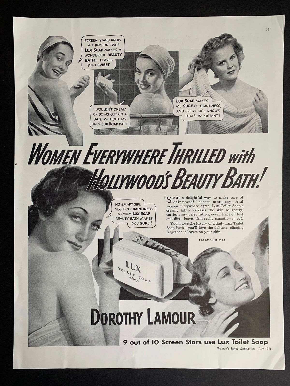 Vintage 1941 Lux Soap Dorothy Lamour Print Ad