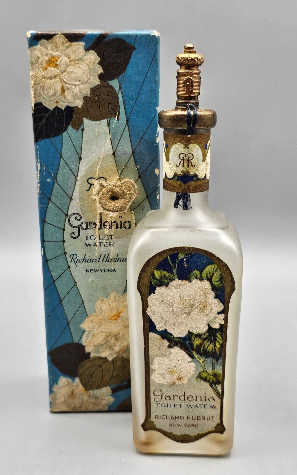 VTG Richard Hudnut Gardenia Toilet Water Embossed Glass Bottle w/Original Box