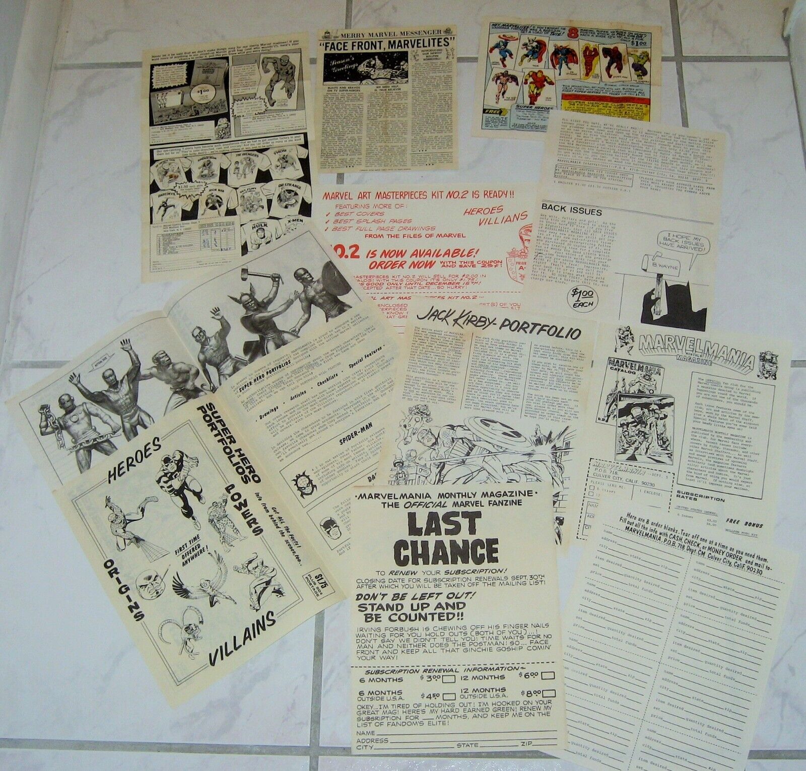 RARE 1960\'s Marvel Comics Marvelmania International M.M.M.S. Fan Club Flyers