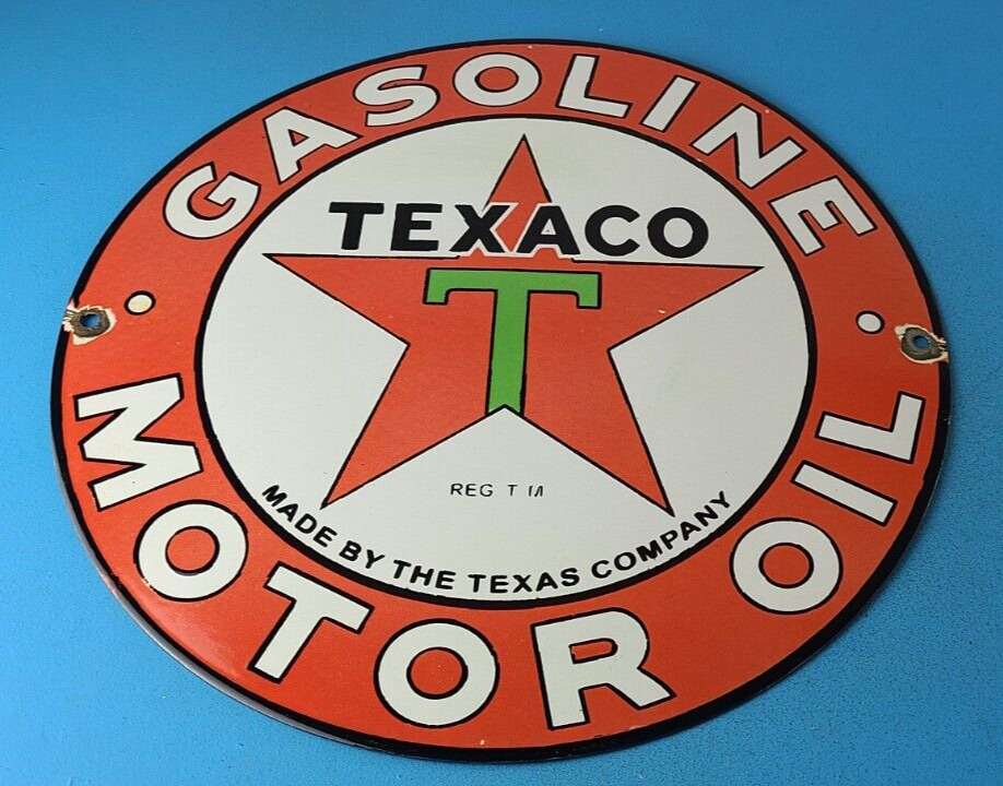 Vintage Texaco Motor Oil Sign - Texas Gasoline Porcelain LARGE Gas Pump Sign