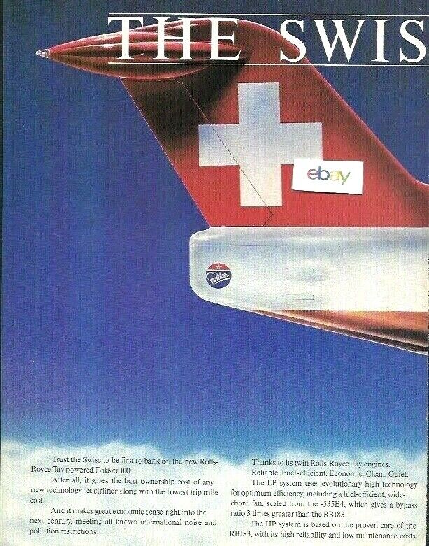 SWISSAIR 1986 THE SWISS BANKER FOKKER 100 JET WITH ROLLS ROYCE ENGINES 2 PG  AD
