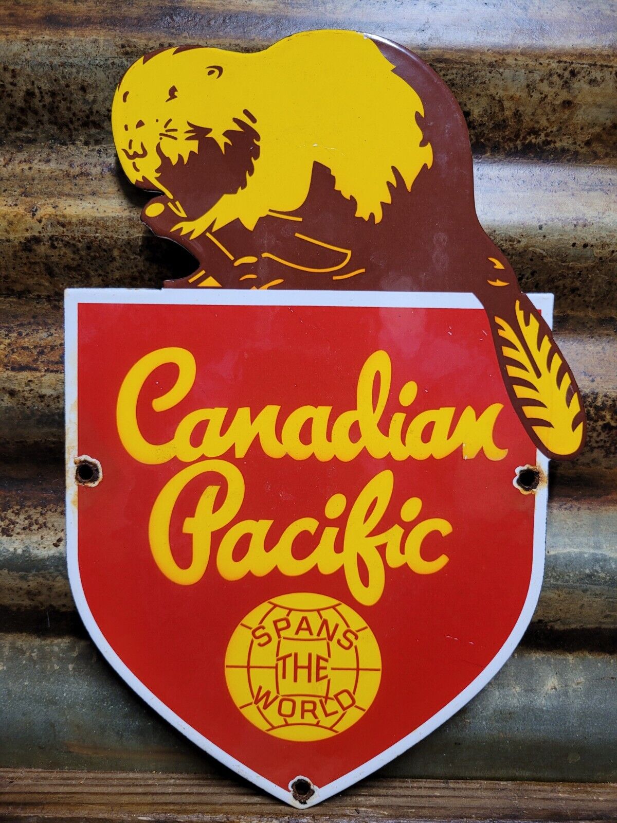 VINTAGE CANADIAN PACIFIC RAILWAY PORCELAIN SIGN OLD TRAIN RAILROAD CANADA BEAVER