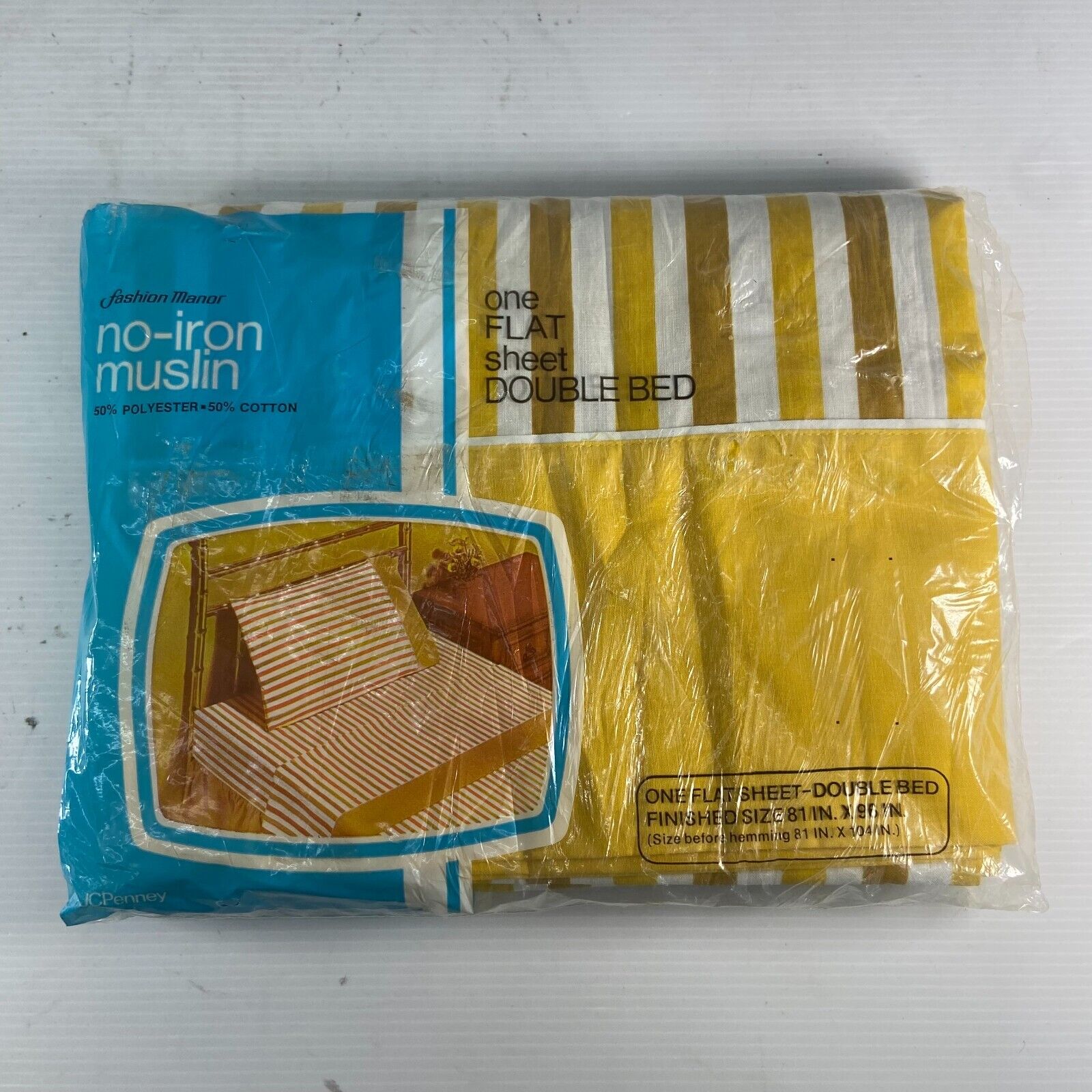 NIP New VTG Fashion Manor Cotton Muslin Yellow Striped Double Bed Flat Sheet