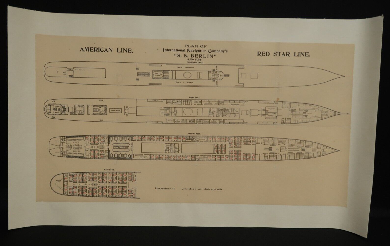 SS Berlin Cabin Deck Plan Ocean Liner American Red Star Line Promenade 26\