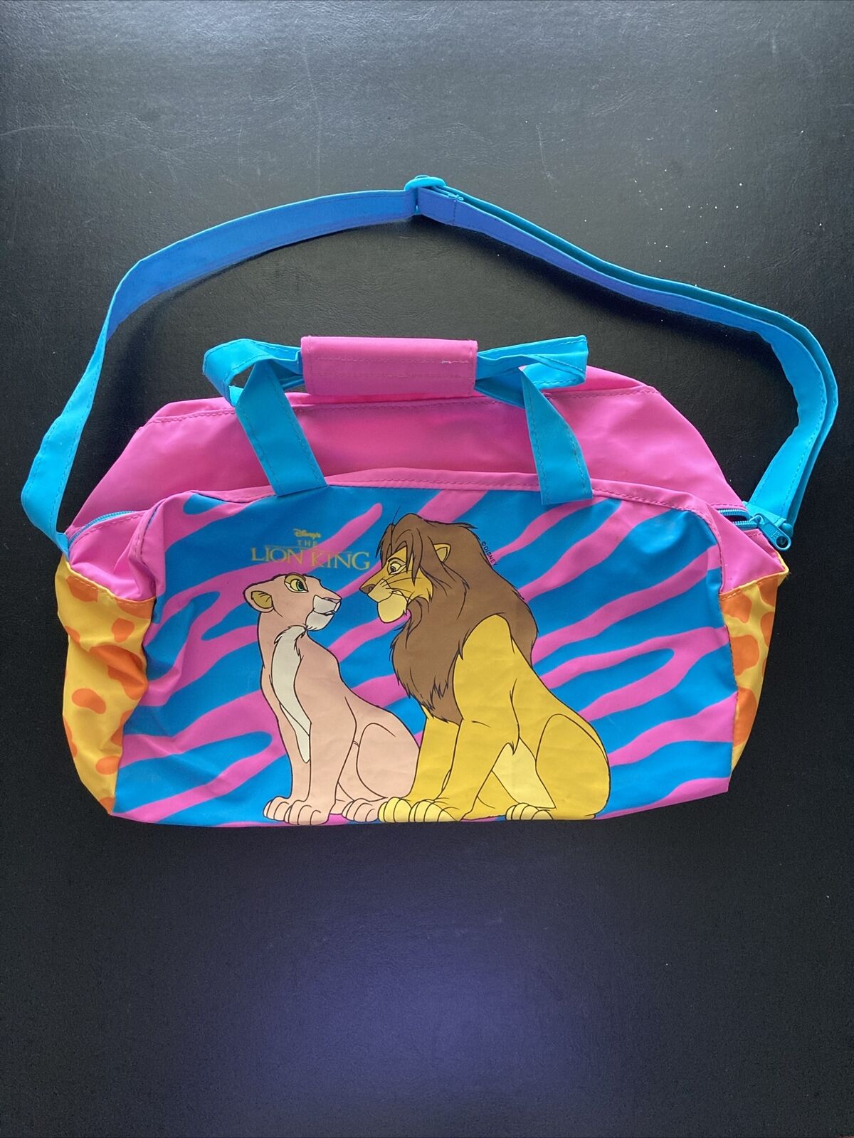 Vintage Disney The Lion King Blue Pink Duffle Sleepover Bag Simba Nala 13x8”