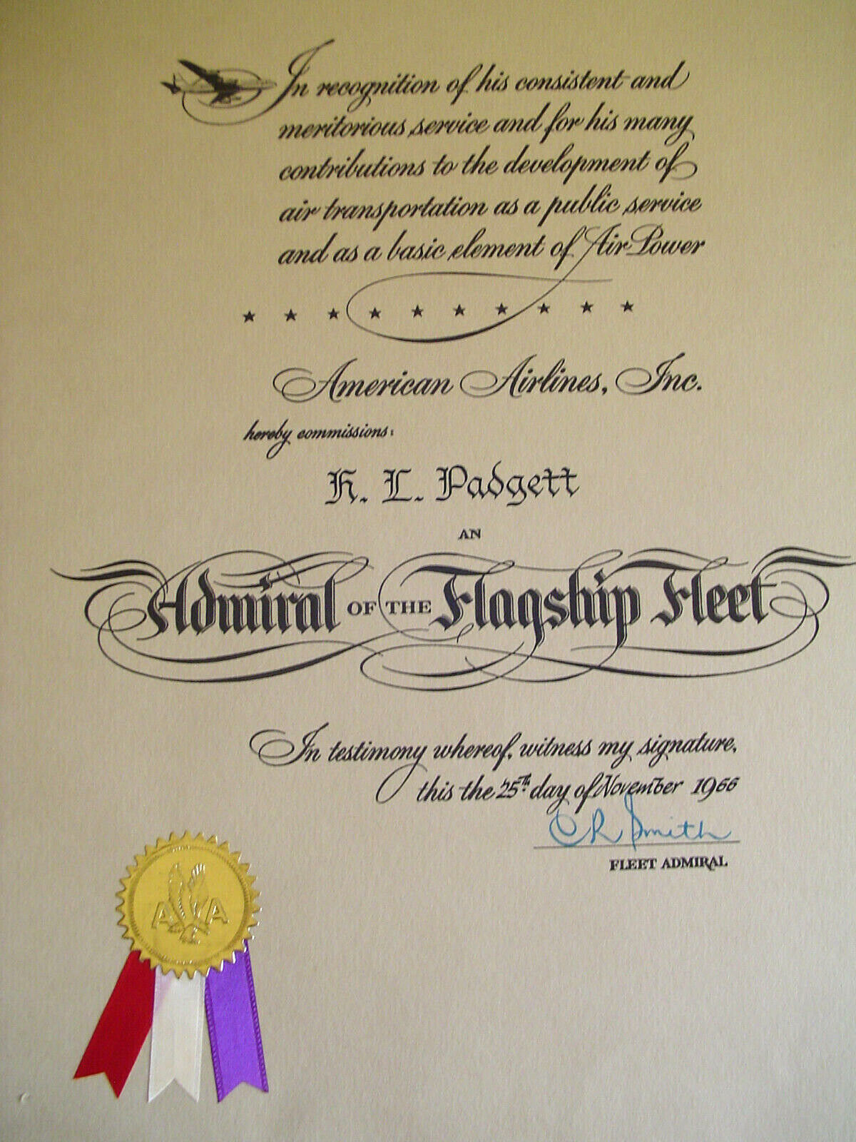 1966 VINTAGE AMERICAN AIRLINES ADMIRAL OF THE FLAGSHIP FLEET CERTIFICATE