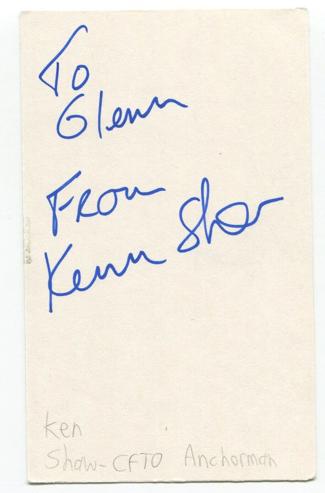 Ken Shaw Signed 3x5 Index Card Autographed Signature Canadian Journalist