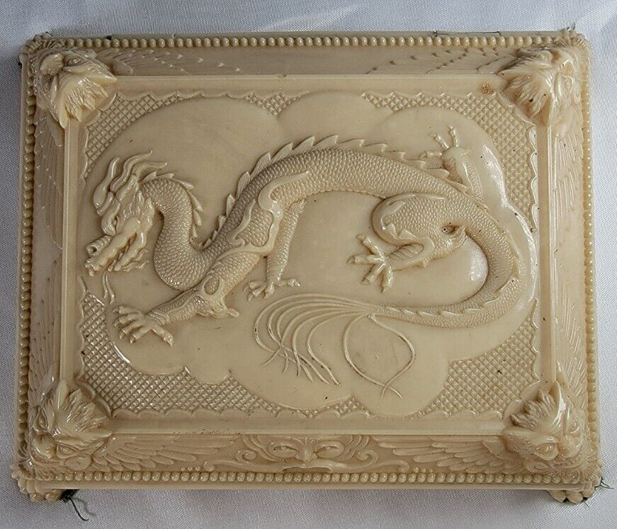 Vintage 1940’s Cruver Chicago Celluliod Dragon Box Cards Jewelry w/Brass Inserts