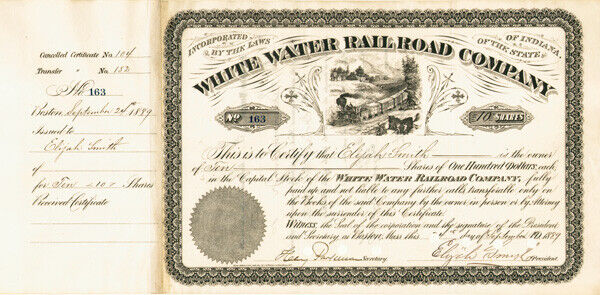 White Water Railroad issued to and signed by Elijah Smith twice - Only 1 Left -