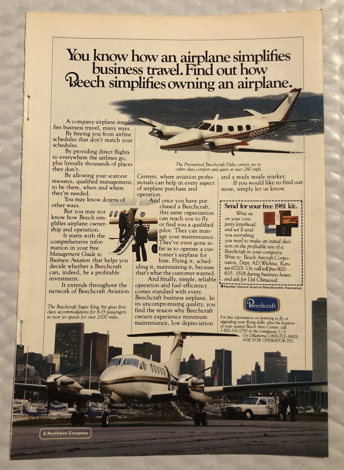Vintage 1982 Beechcraft Original Full Page Print Ad - Simplifies Business Travel