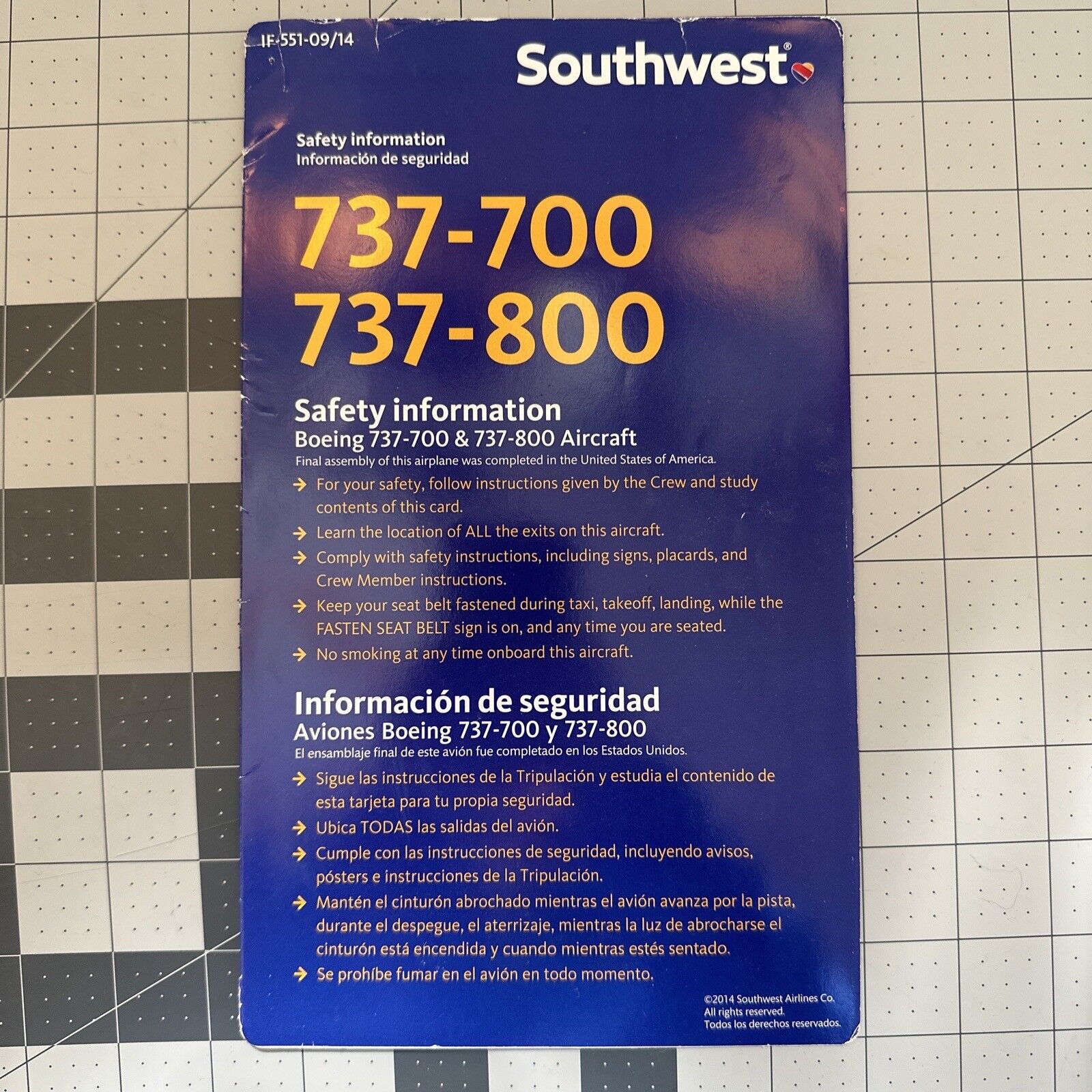 2014 SOUTHWEST AIRLINES SAFETY CARD--737-700/800