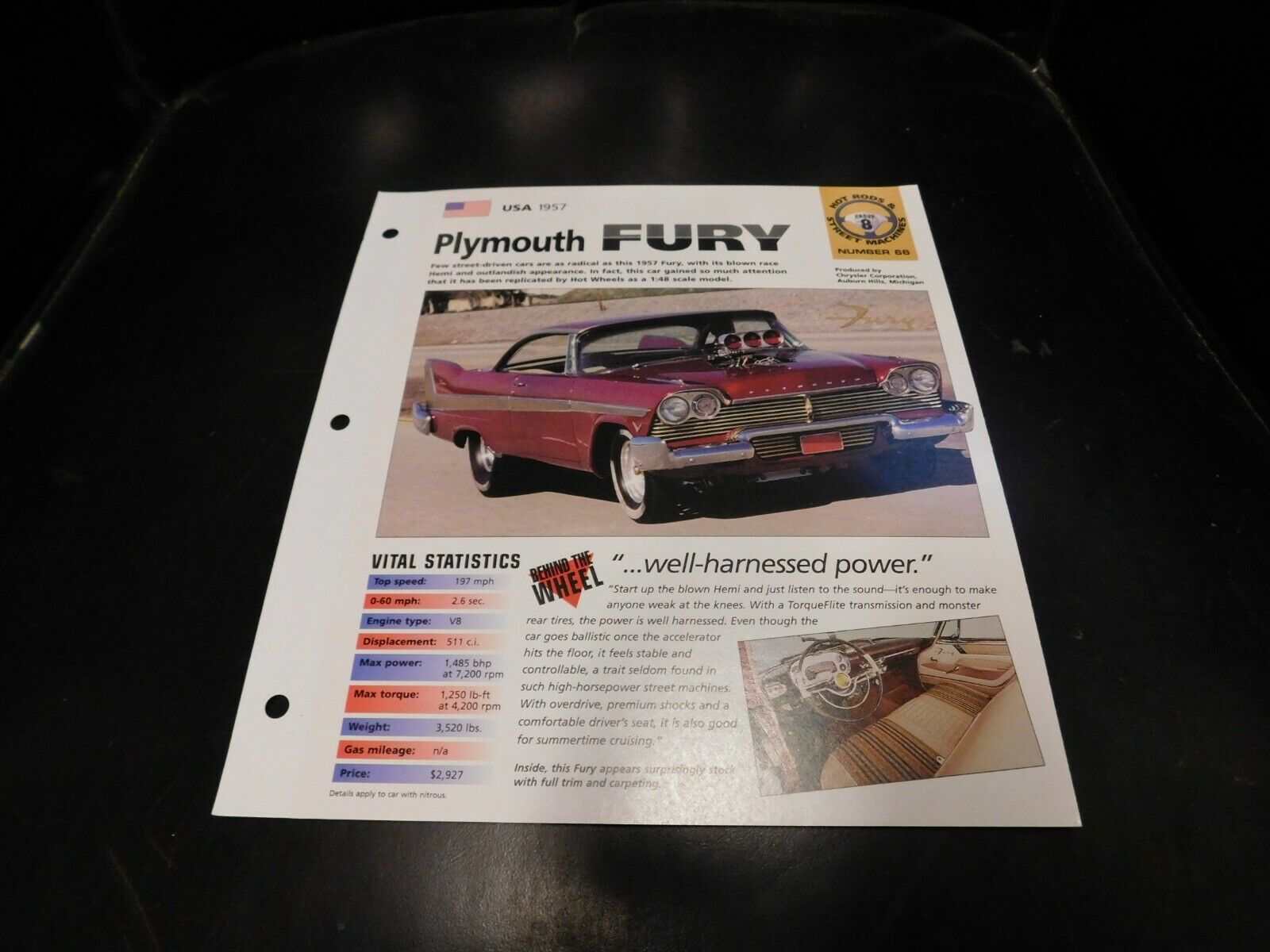 1957 Plymouth Fury Spec Sheet Brochure Photo Poster 