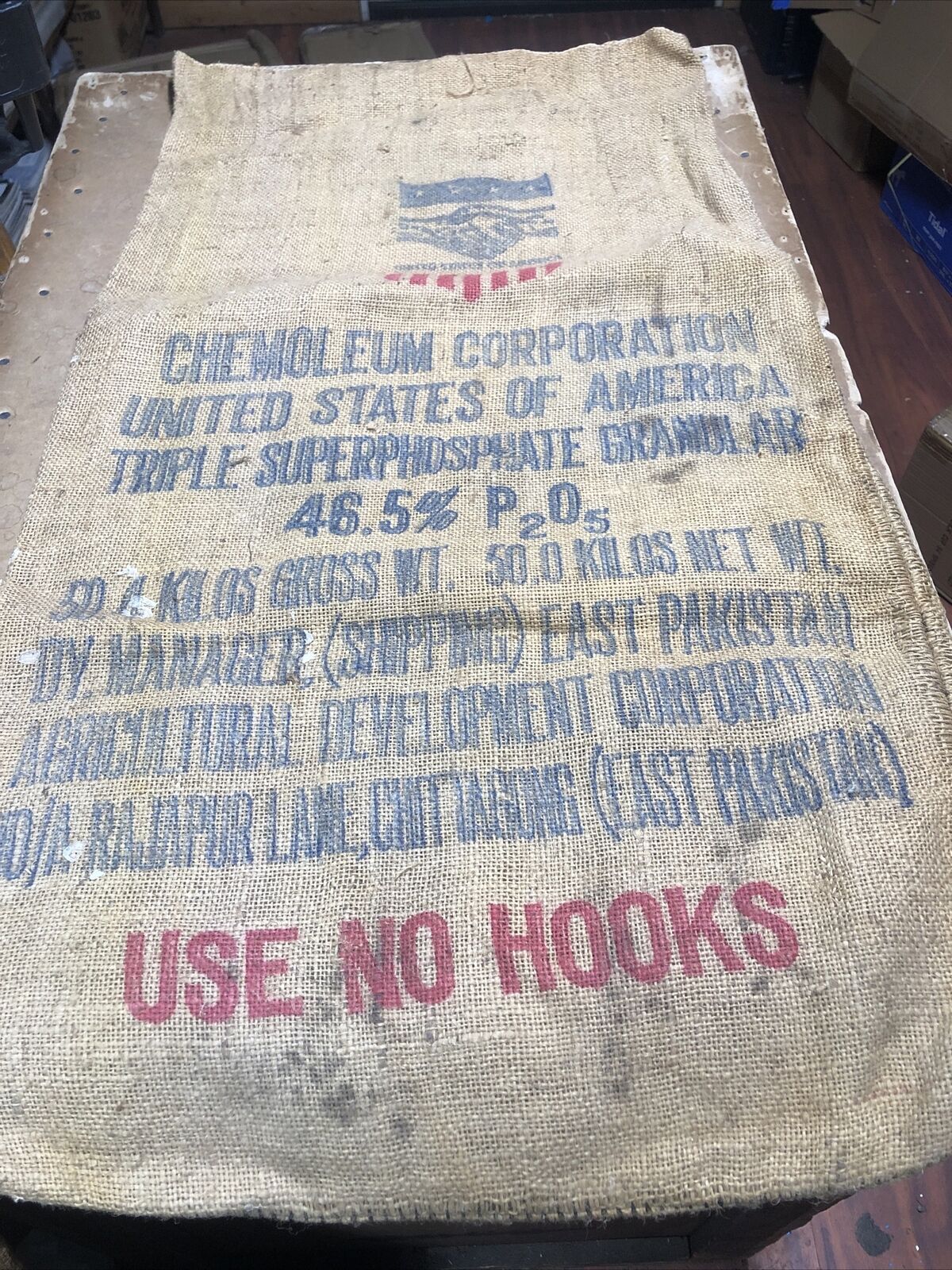 50 Kilo Burlap Sack Chemoleum Corp. Triple Superphosphate Bag. East Pakistan