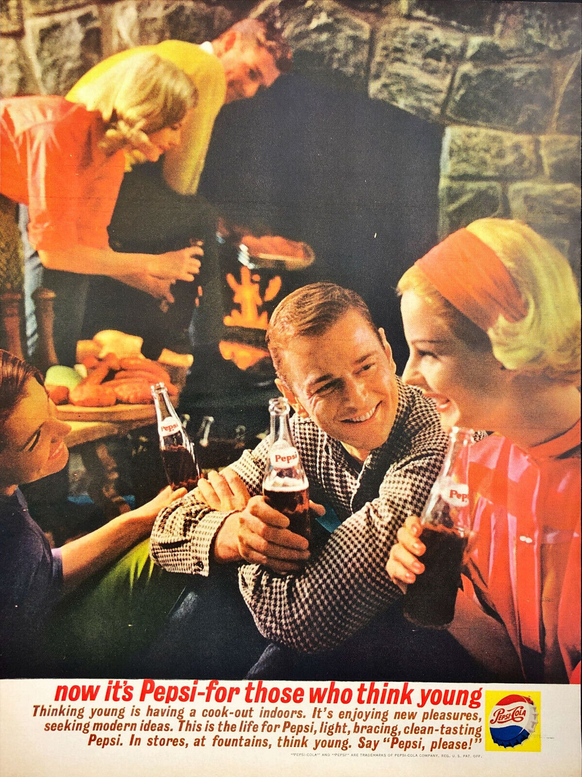 1961 Pepsi-Cola Young Couple in front of Fireplace Vintage Print Ad
