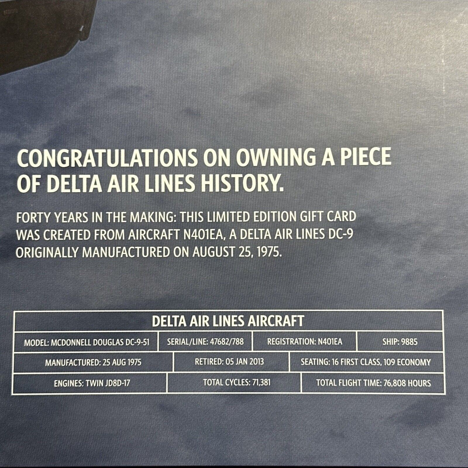 DELTA AIR LINES GIFT CARD Ltd Edition Made From DC-9 metal ($0 VALUE ON CARD)