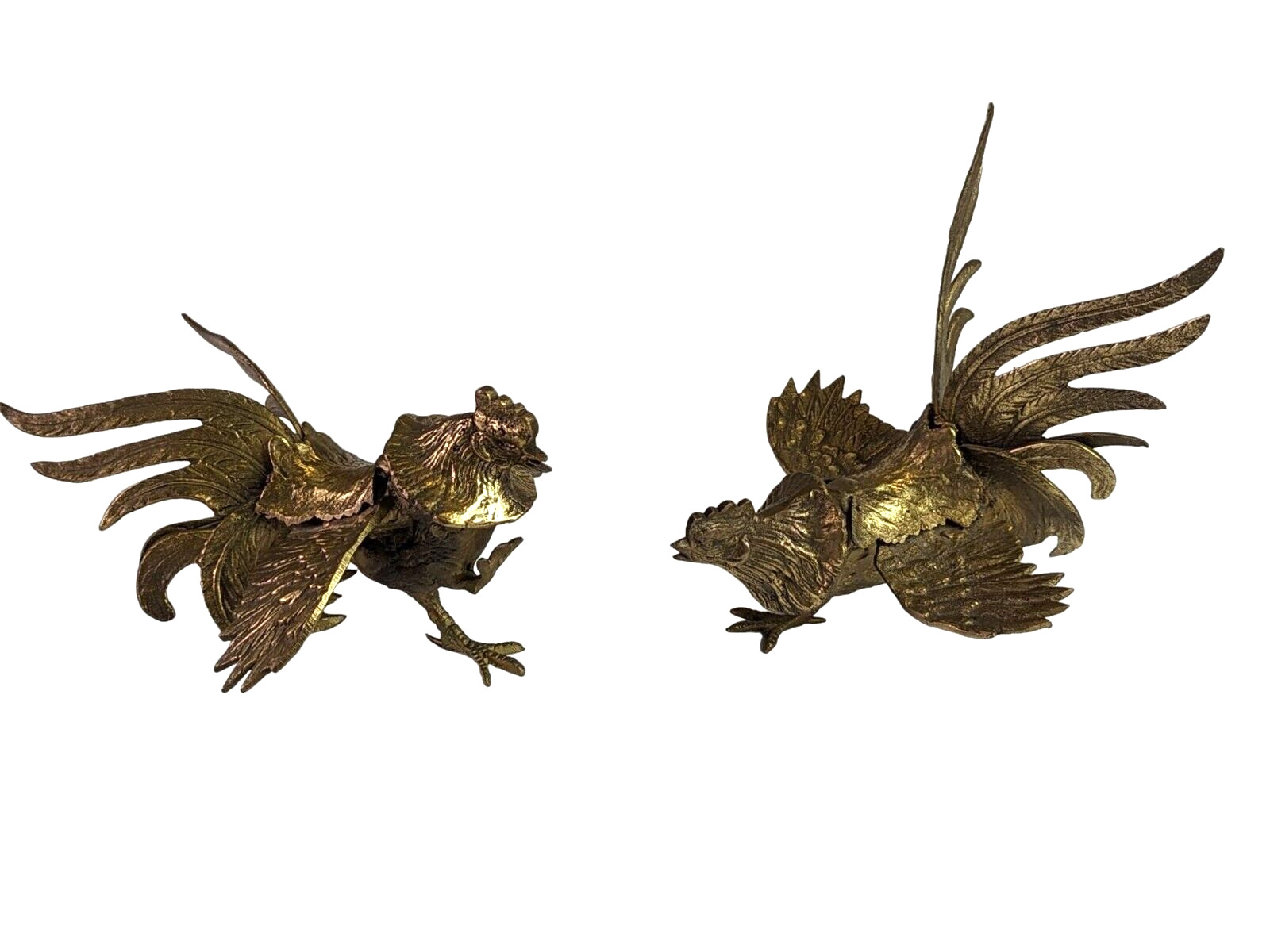 Vintage Pair Of Brass Fighting Roosters Cocks Statues Mid Century Figurines 8