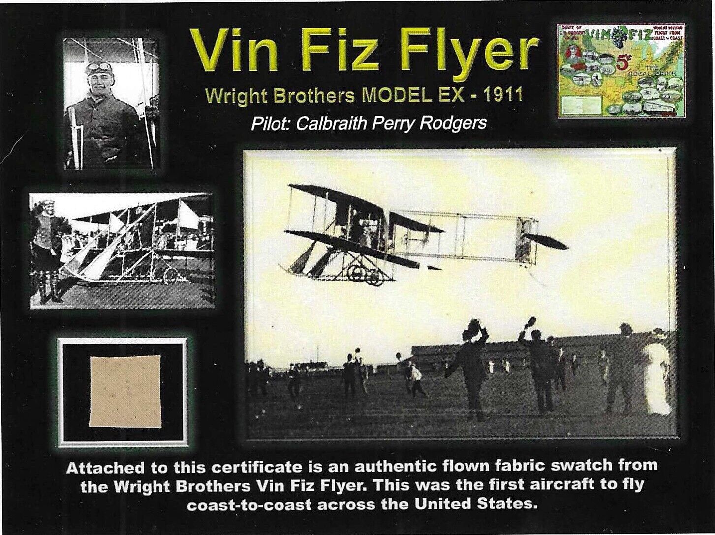 The Wright Bros. Vin Fiz - Genuine Piece of the Original Fabric on Color Cert.