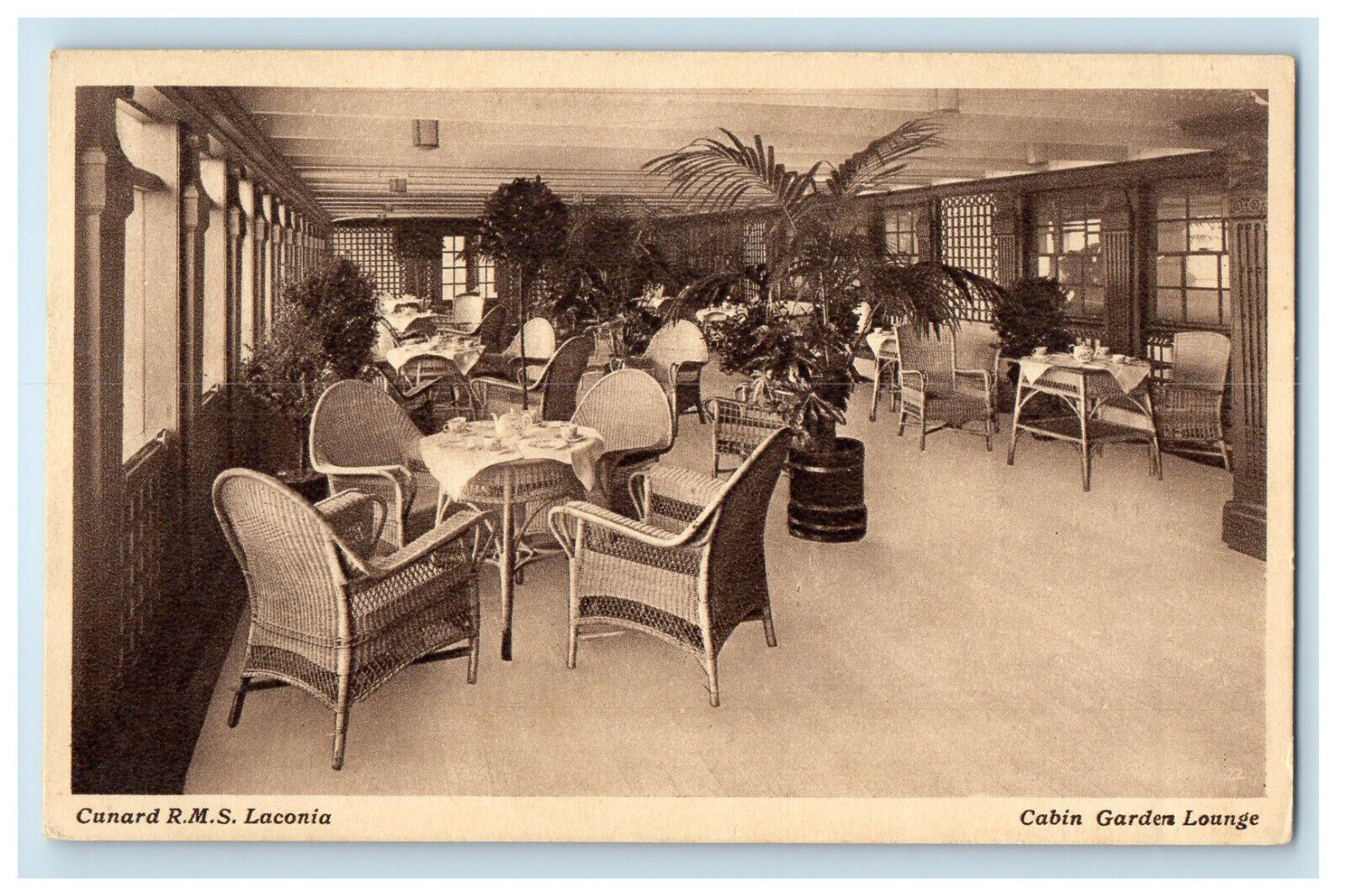 c1910s Interior Cabin Garden Lounge Cunard RMS Laconia Unposted Postcard
