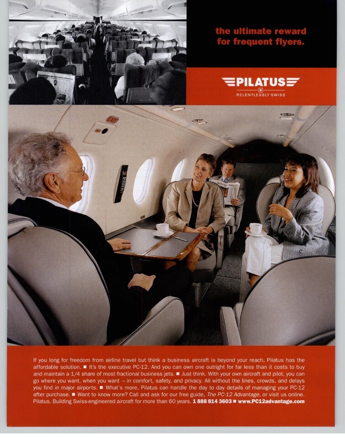 2002 Pilatus Executive PC-12 Private Jet Passenger Area Photo Vintage Print Ad 
