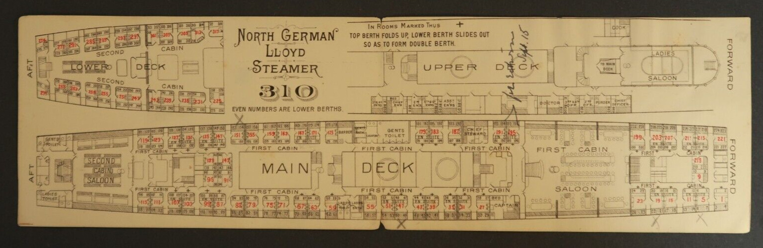 North German Lloyd Steamer Steamship Boat Deck Cabin Plans Map 11\