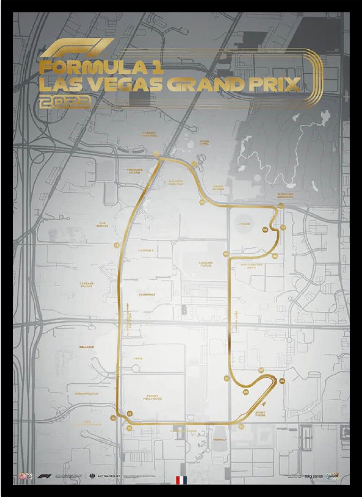2023 Las Vegas Grand Prix Formula 1 Gold Embossed Circuit Track Poster