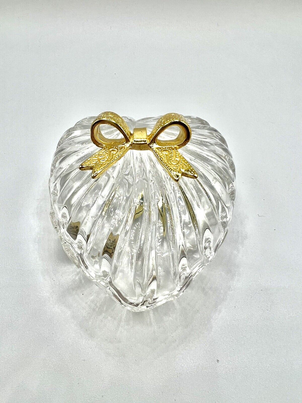 Vintage RCR Royal Crystal Rock Italy Heart Trinket Box 24KT Gold Bow Jewelry