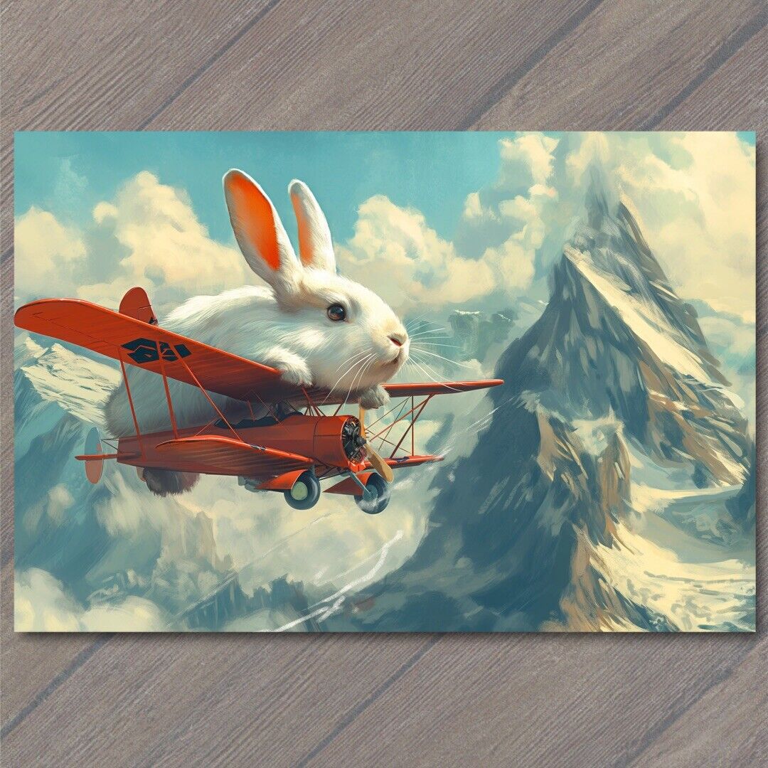 POSTCARD Bunny Rabbit Flying Airplane Fun Strange Colorful Unreal Cute Unusual