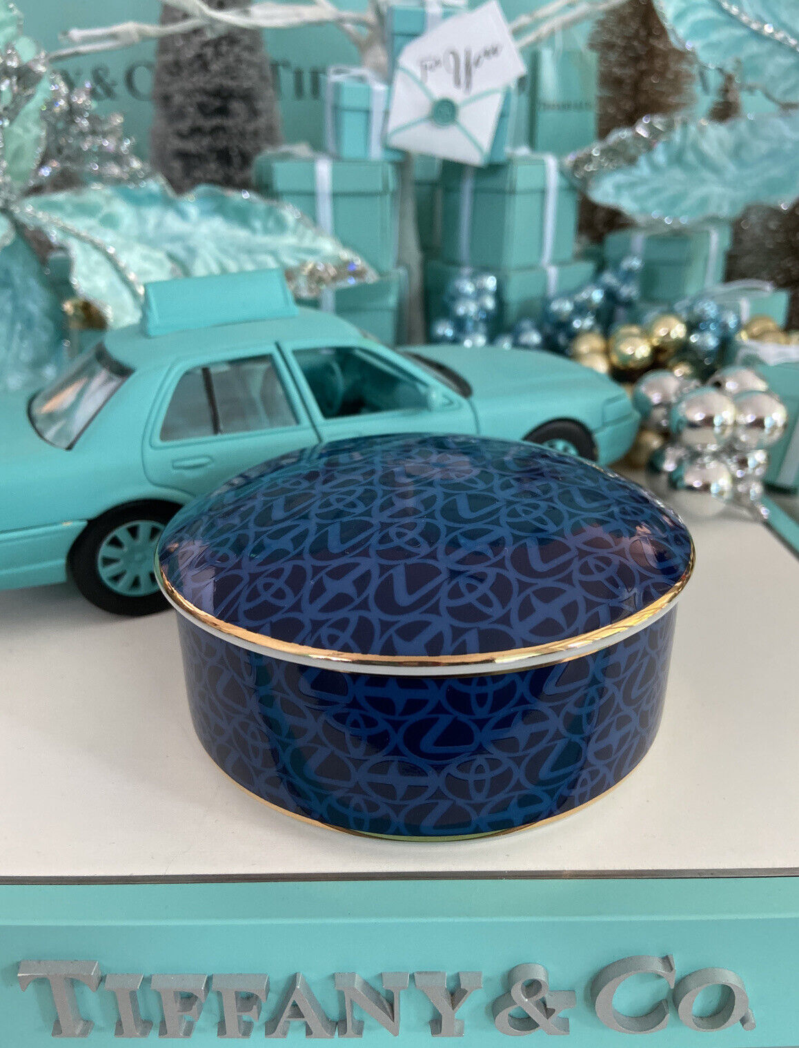 Tiffany&Co. Toyota Motor Lexus Trinket Box Car Blue Gold Trim Porcelain 4” 2007