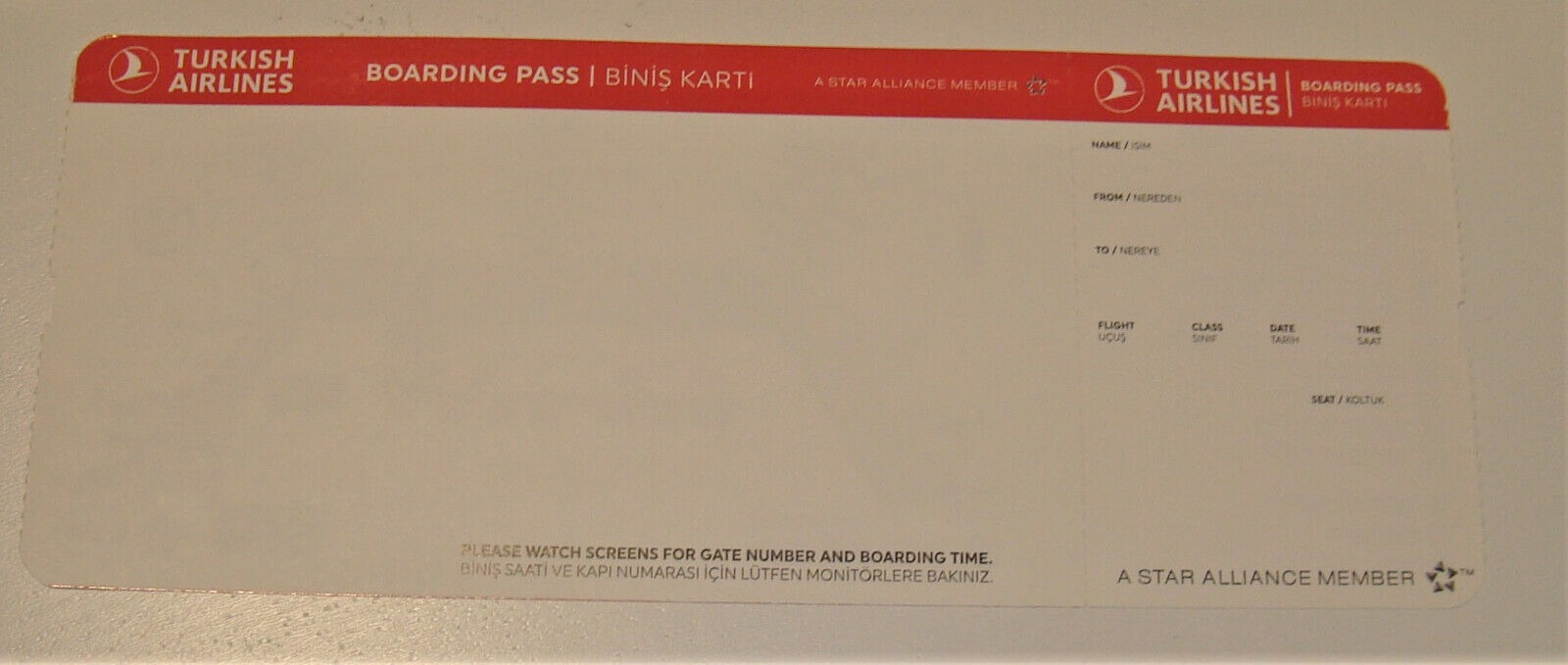 Turkish Airlines unused boarding pass ticket