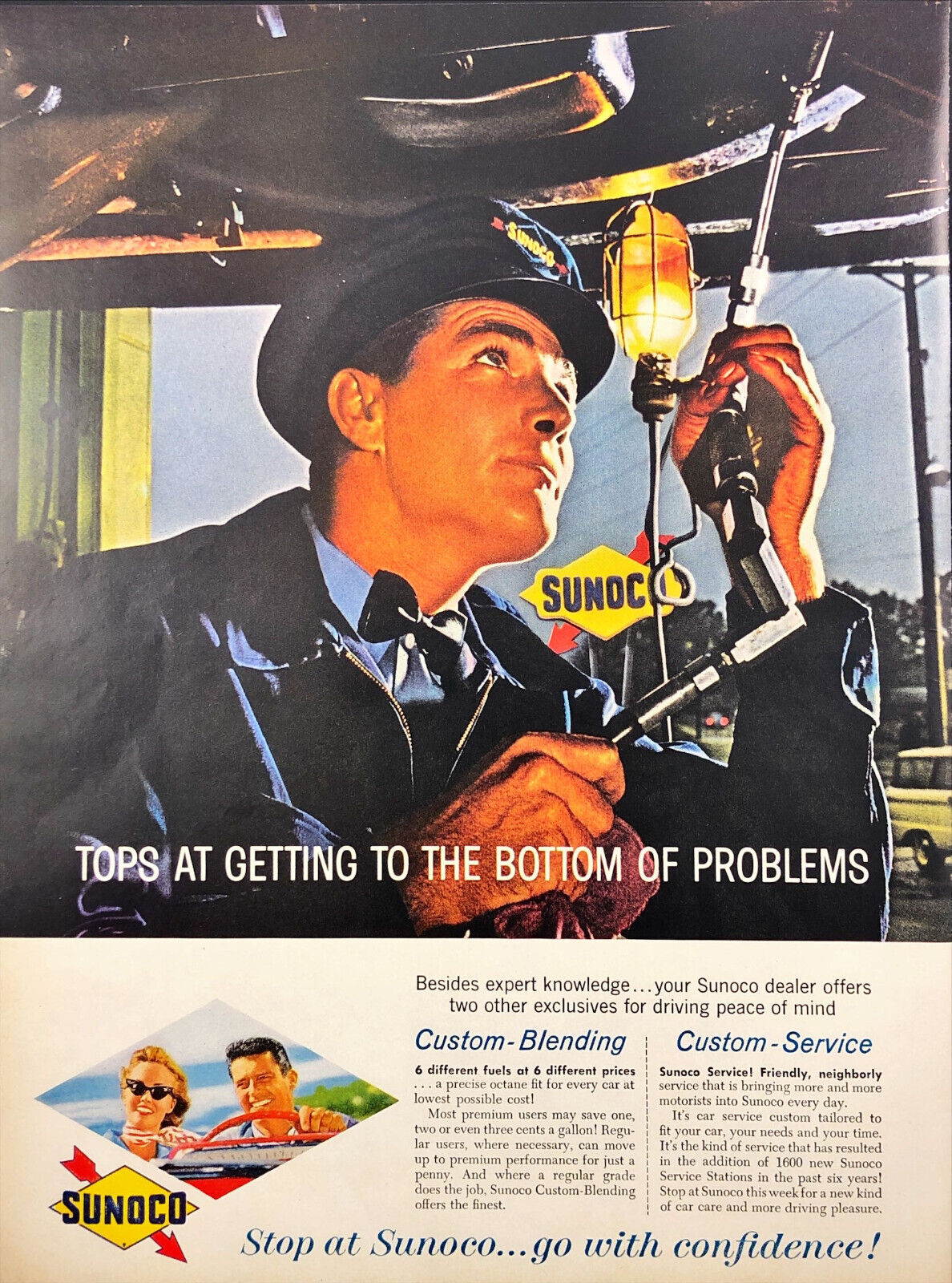 1961 Sunoco Gasoline Gas Station Servicing Car Vintage Print Ad