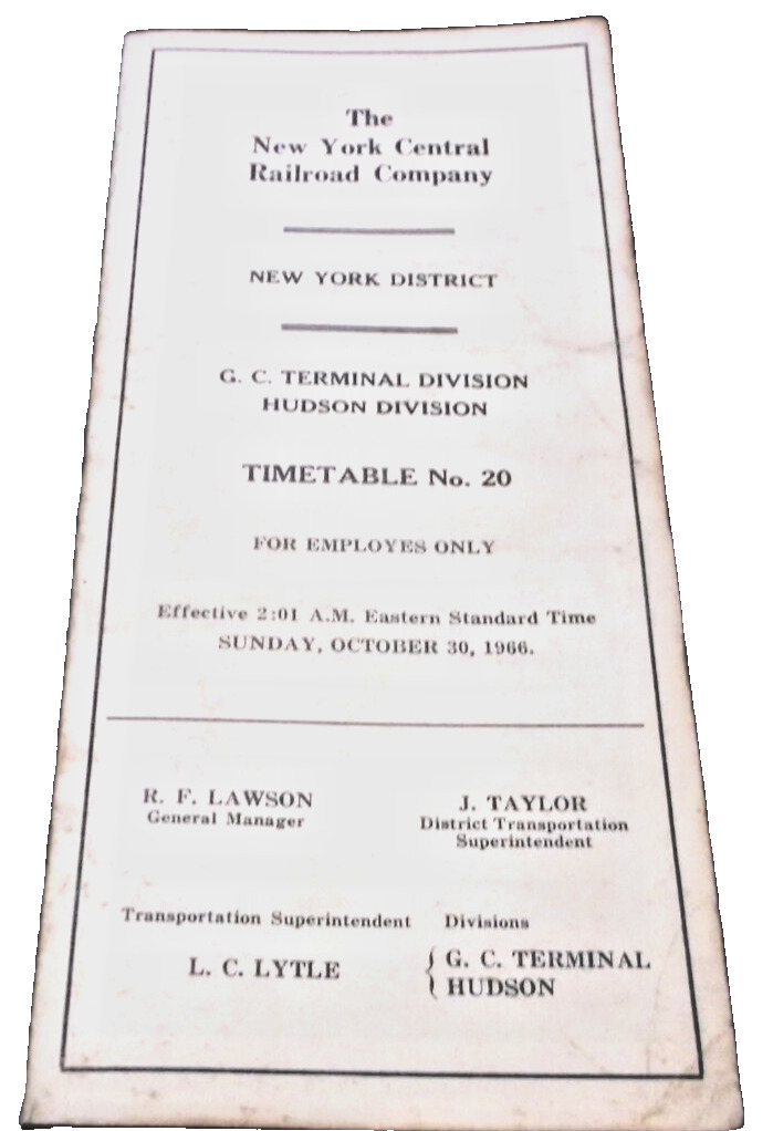 OCTOBER 1966 NYC NEW YORK CENTRAL NEW YORK DISTRICT EMPLOYEE TIMETABLE #20