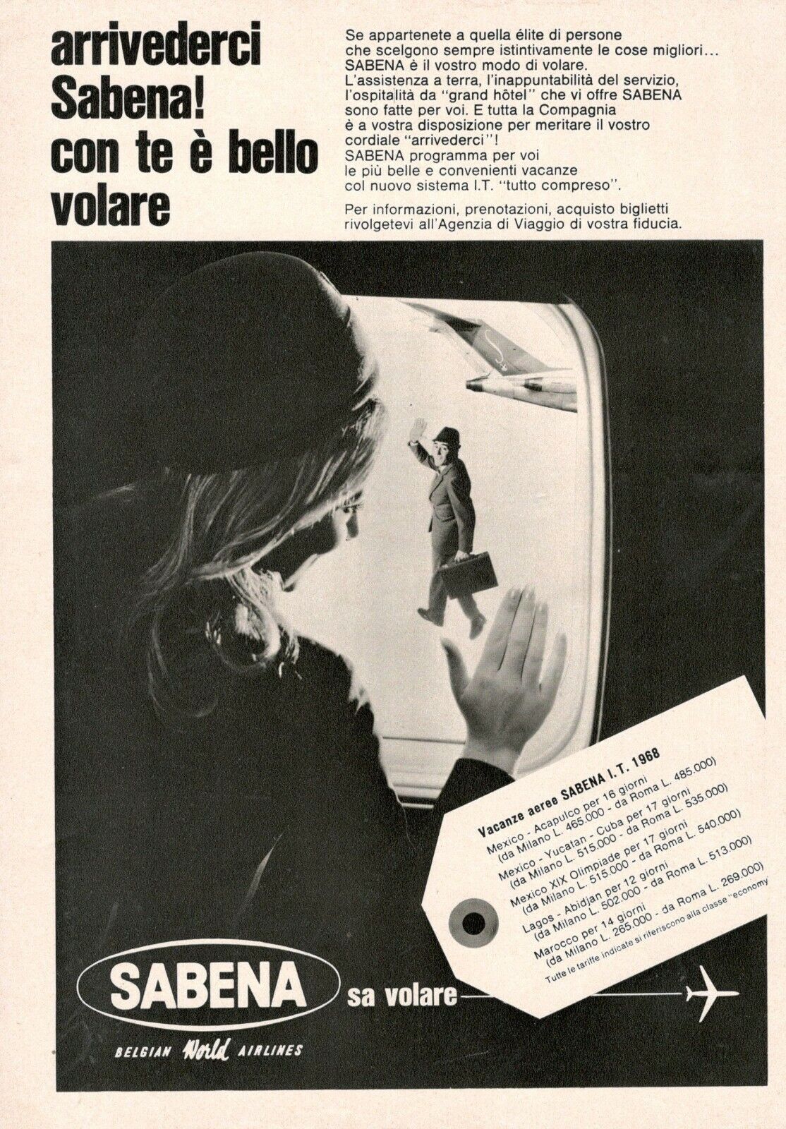 Sabena Airlines Belgium Advertising 1 Page Original 1969 Bello Volare