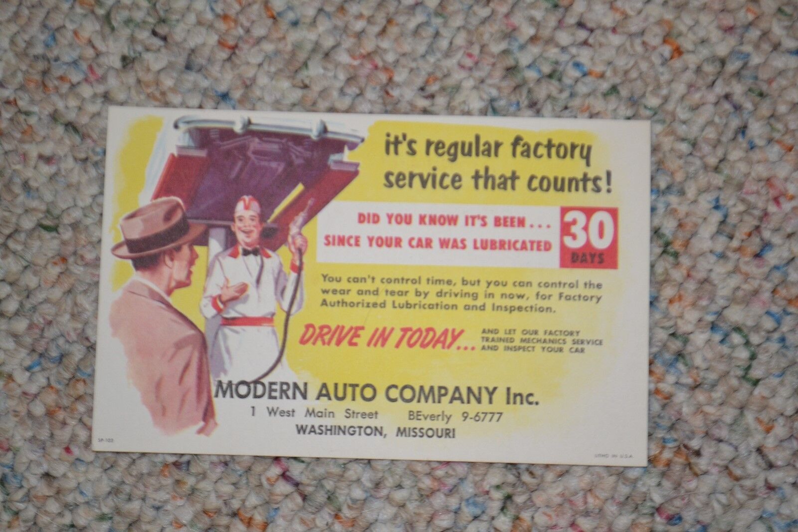 VINTAGE 1960\'s AUTOMOTIVE MAIL SERVICE CARD FROM MODERN AUTO 30 DAY LUBE SERVICE