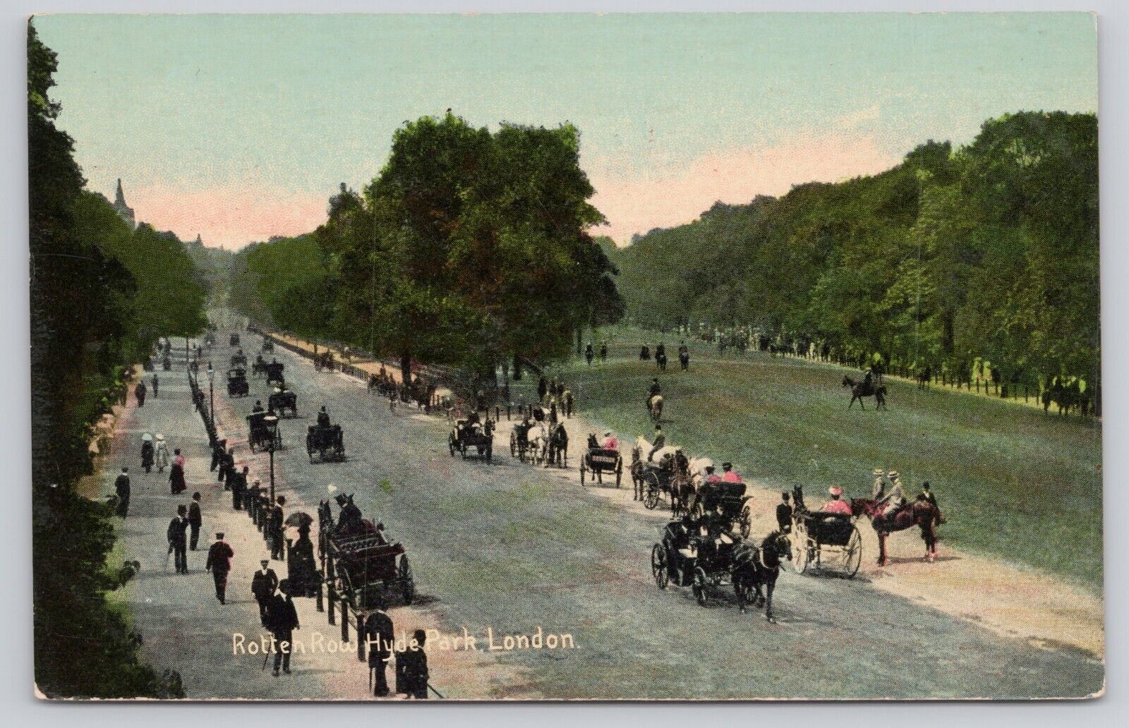 Rotten Row Hyde Park London England People Horses and Carriages Antique Postcard
