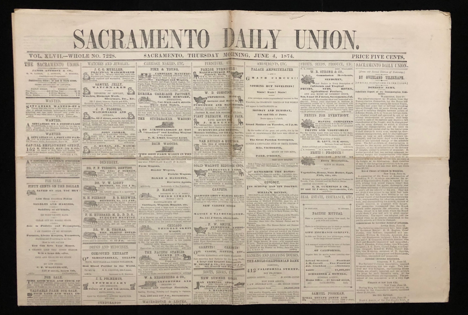 SACRAMENTO DAILY UNION : JUNE 4th 1874 VINTAGE PAPER POST CIVIL WAR ERA