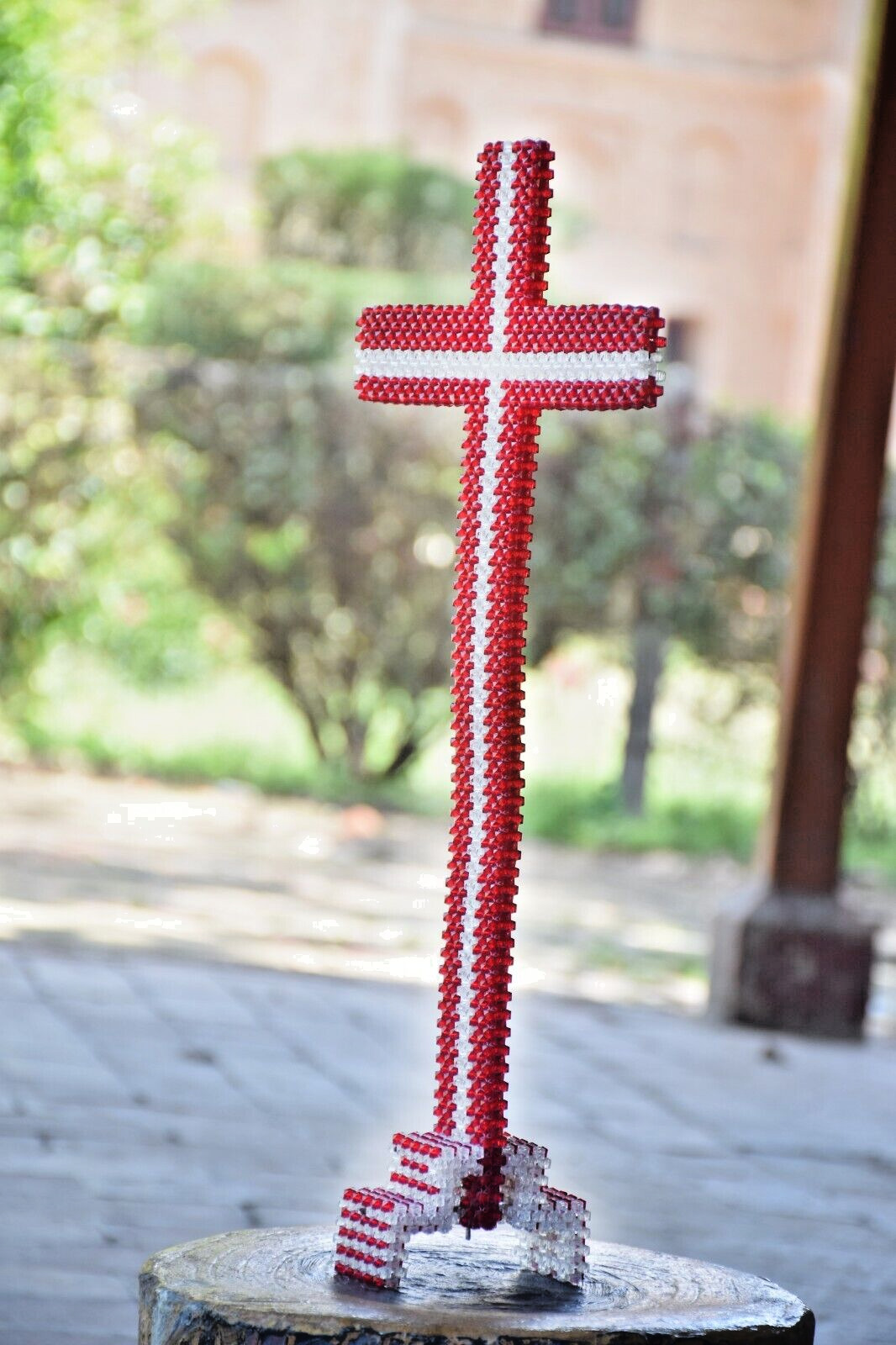 Handmade Plastic Beaded Cross - Colorful Religious Decor - Unique Christian Gift