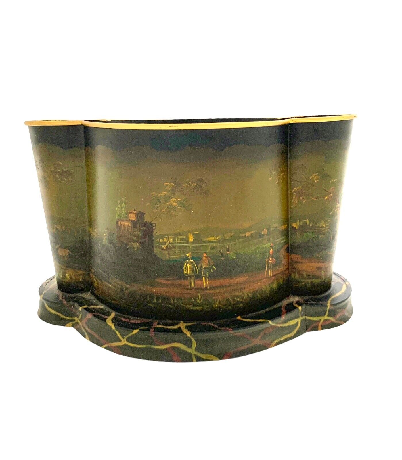 Metal Basket Painted Tole British Scenery Bin Container Vintage Decor
