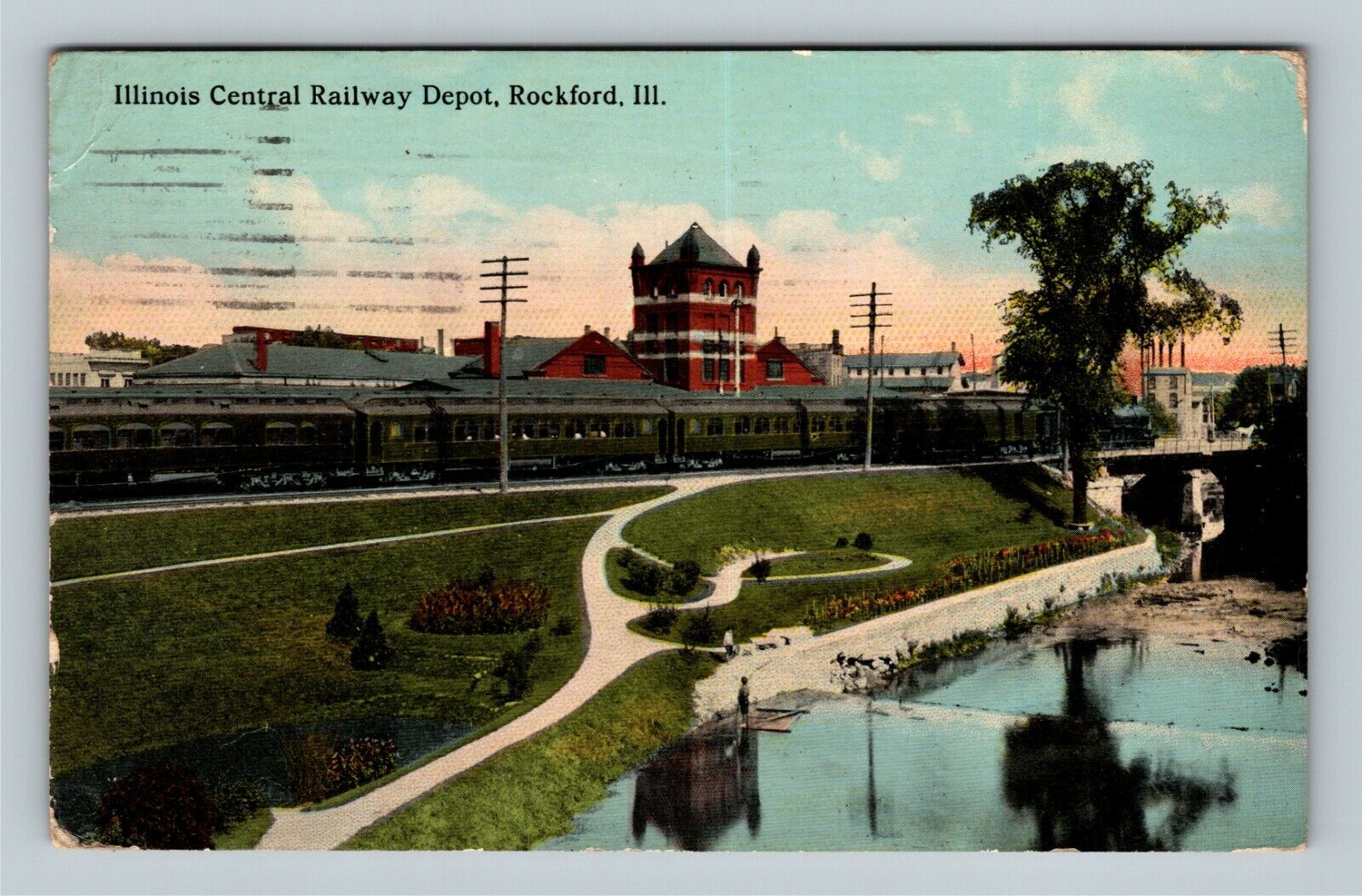 Rockford IL-Illinois Central Rail Depot, Passenger Train, c1912 Vintage Postcard