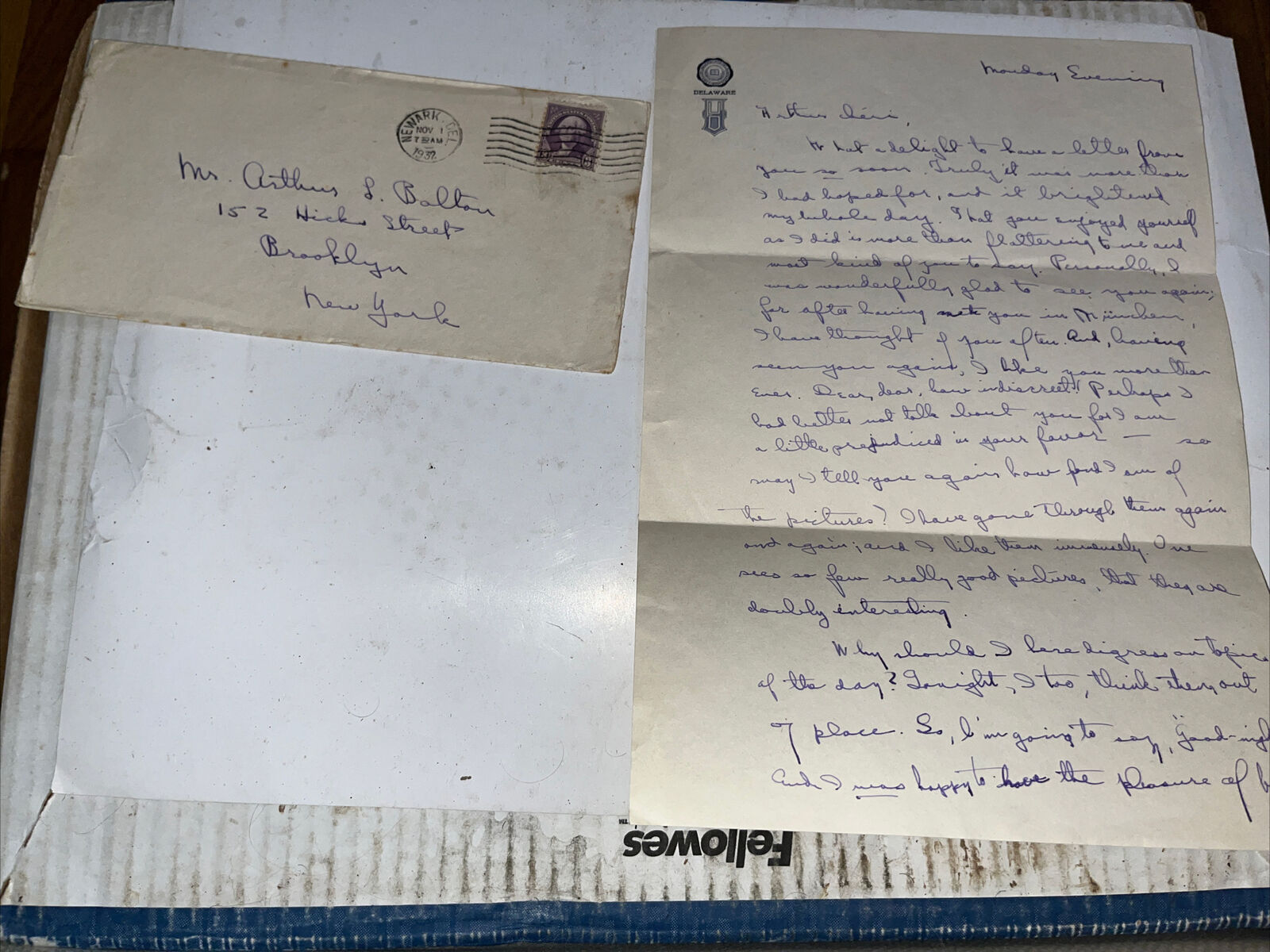 1934 Signed Letter: University of Delaware Letterhead to Brooklyn NY New York