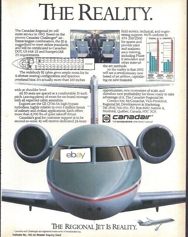  CANADAIR BOMBARDIER CRJ REGIONAL JET THE REALITY WILL ENTER SERVICE 1992 AD