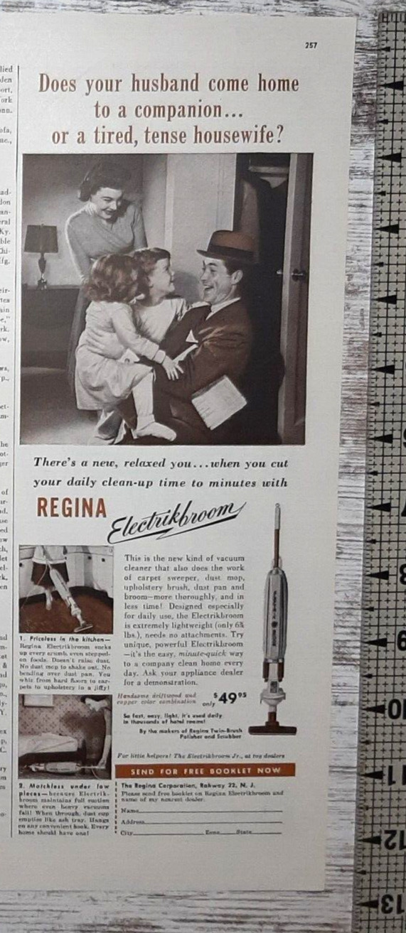 1955 Regina Vintage Print Ad Electrikbroom Vacuum Housewife Husband Kids Home