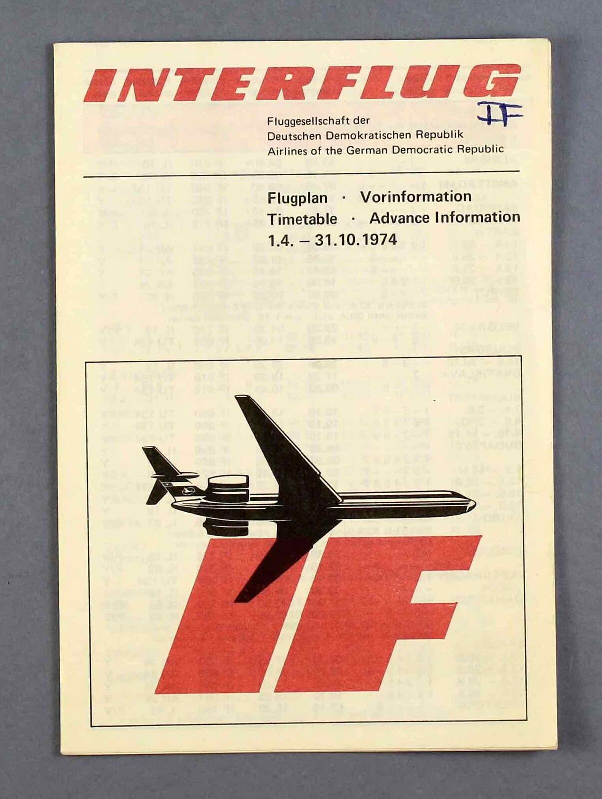 INTERFLUG ADVANCE AIRLINE TIMETABLE SUMMER 1974 EAST GERMANY DDR FLUGPLAN